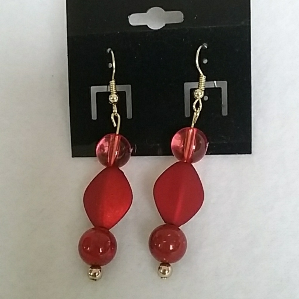 Red & gold beaded hook earrings